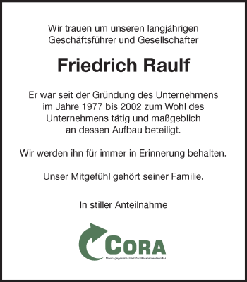 Traueranzeige von Friedrich Raulf von Ruhr Nachrichten