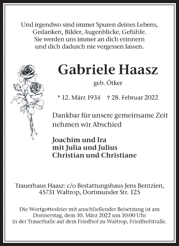 Traueranzeige von Gabriele Haasz von Medienhaus Bauer