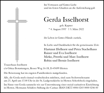Traueranzeige von Gerda Isselhorst von Medienhaus Bauer