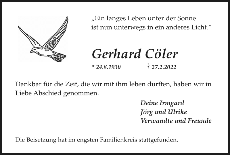  Traueranzeige für Gerhard Cöler vom 14.03.2022 aus Medienhaus Bauer