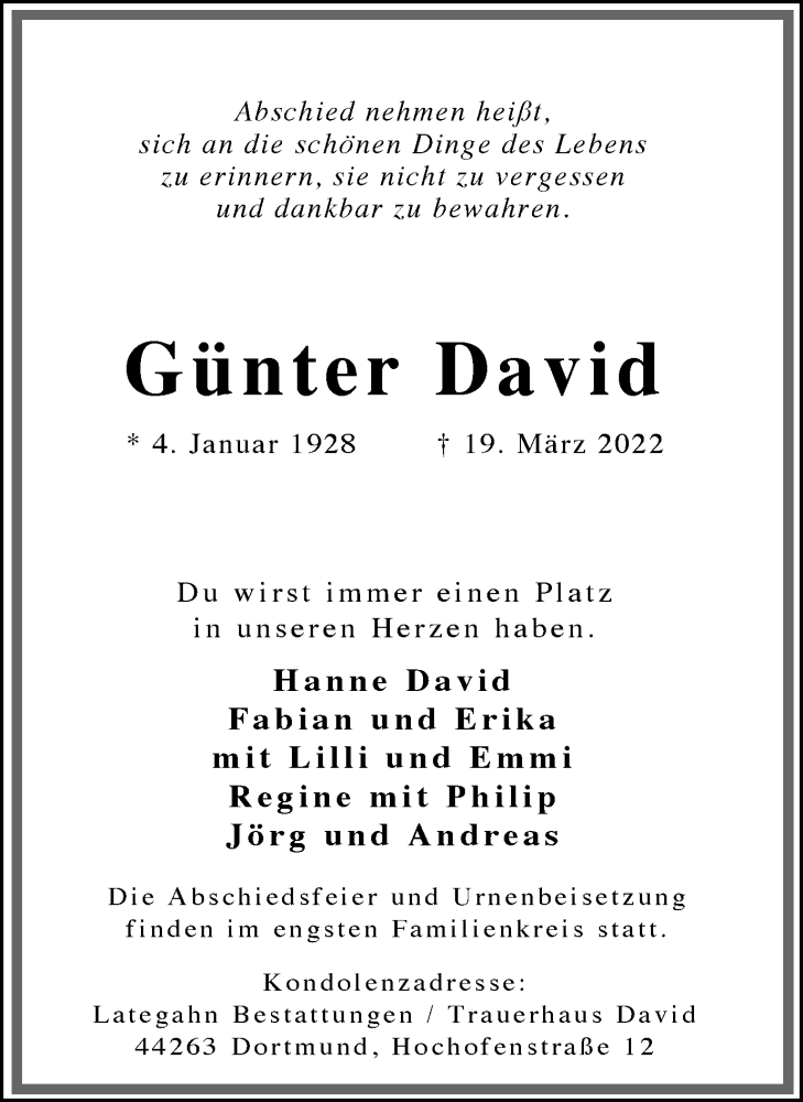  Traueranzeige für Günter David vom 26.03.2022 aus 