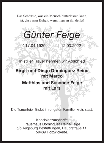 Traueranzeige von Günter Feige von Hellweger Anzeiger