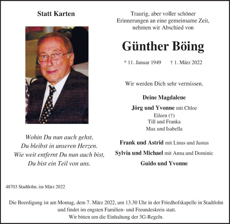  Traueranzeige für Günther Böing vom 05.03.2022 aus Münstersche Zeitung und Münsterland Zeitung
