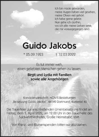 Traueranzeige von Guido Jakobs 