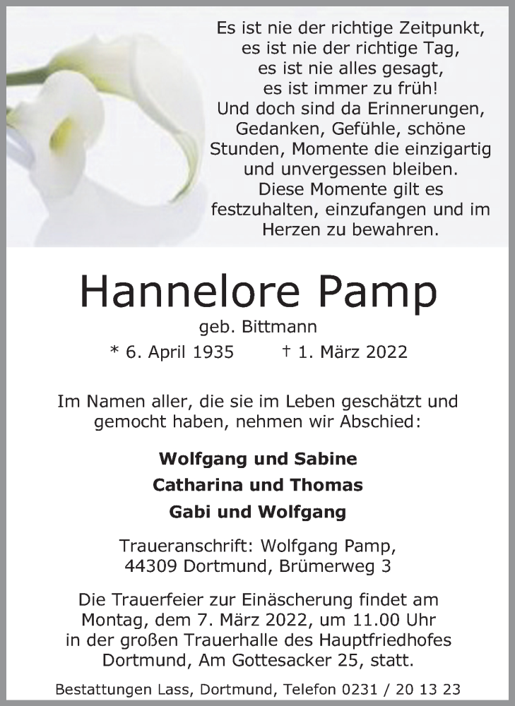  Traueranzeige für Hannelore Pamp vom 02.03.2022 aus 