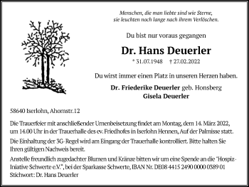 Traueranzeige von Hans Deuerler von Ruhr Nachrichten