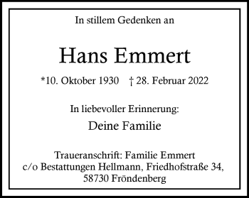 Traueranzeige von Hans Emmert von Hellweger Anzeiger
