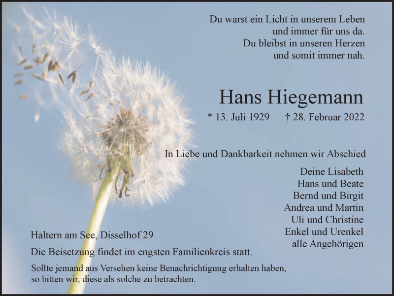  Traueranzeige für Hans Hiegemann vom 05.03.2022 aus Ruhr Nachrichten und Halterner Zeitung