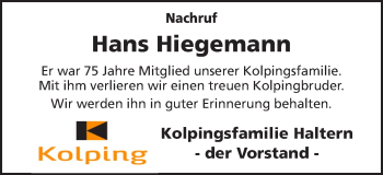 Traueranzeige von Hans Hiegemann von Ruhr Nachrichten und Halterner Zeitung