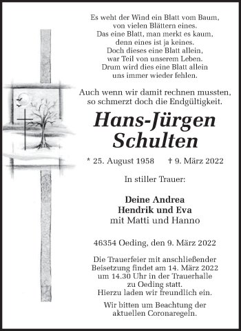 Traueranzeige von Hans-Jürgen Schulten von Münstersche Zeitung und Münsterland Zeitung