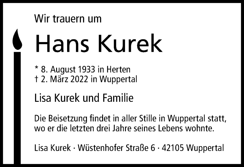 Traueranzeigen Von Hans Kurek Sich Erinnernde 3487