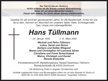 Traueranzeige von Hans Tüllmann 