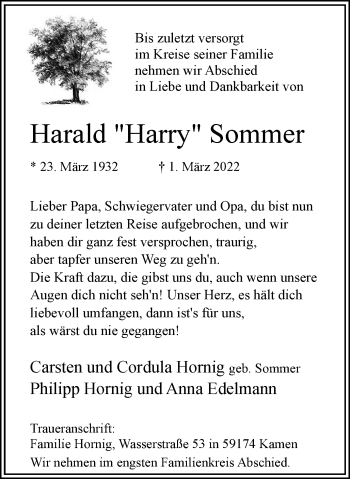 Traueranzeige von Harald Sommer von Hellweger Anzeiger