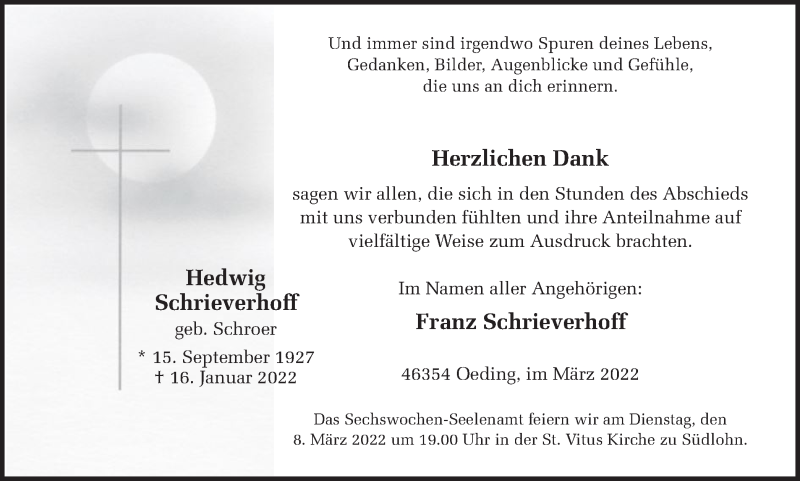  Traueranzeige für Hedwig Schrieverhoff vom 05.03.2022 aus Münstersche Zeitung und Münsterland Zeitung