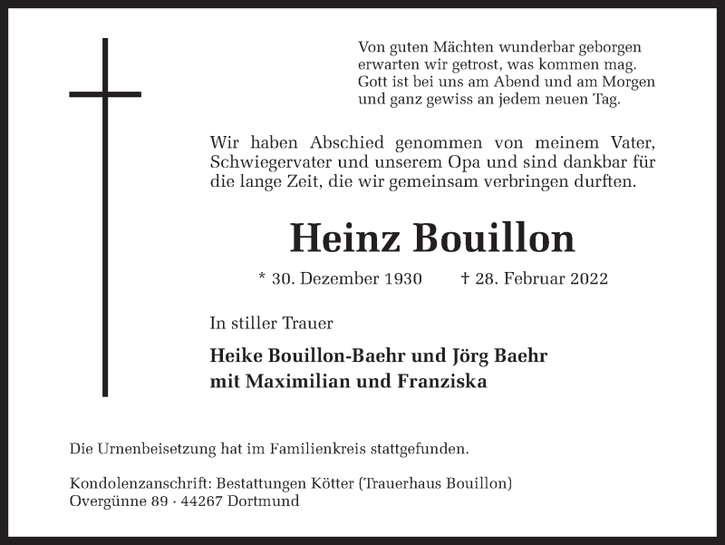  Traueranzeige für Heinz Bouillon vom 12.03.2022 aus 