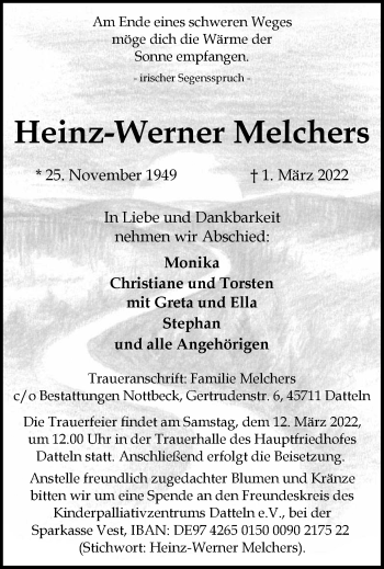 Traueranzeige von Heinz-Werner Melchers von Medienhaus Bauer