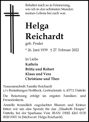 Traueranzeige von Helga Reichardt von Medienhaus Bauer