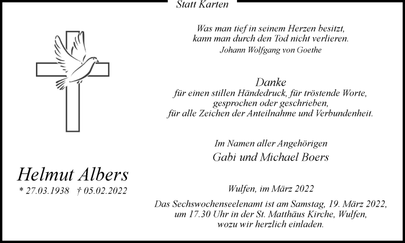 Traueranzeige für Helmut Albers vom 17.03.2022 aus Ruhr Nachrichten und Dorstener Zeitung