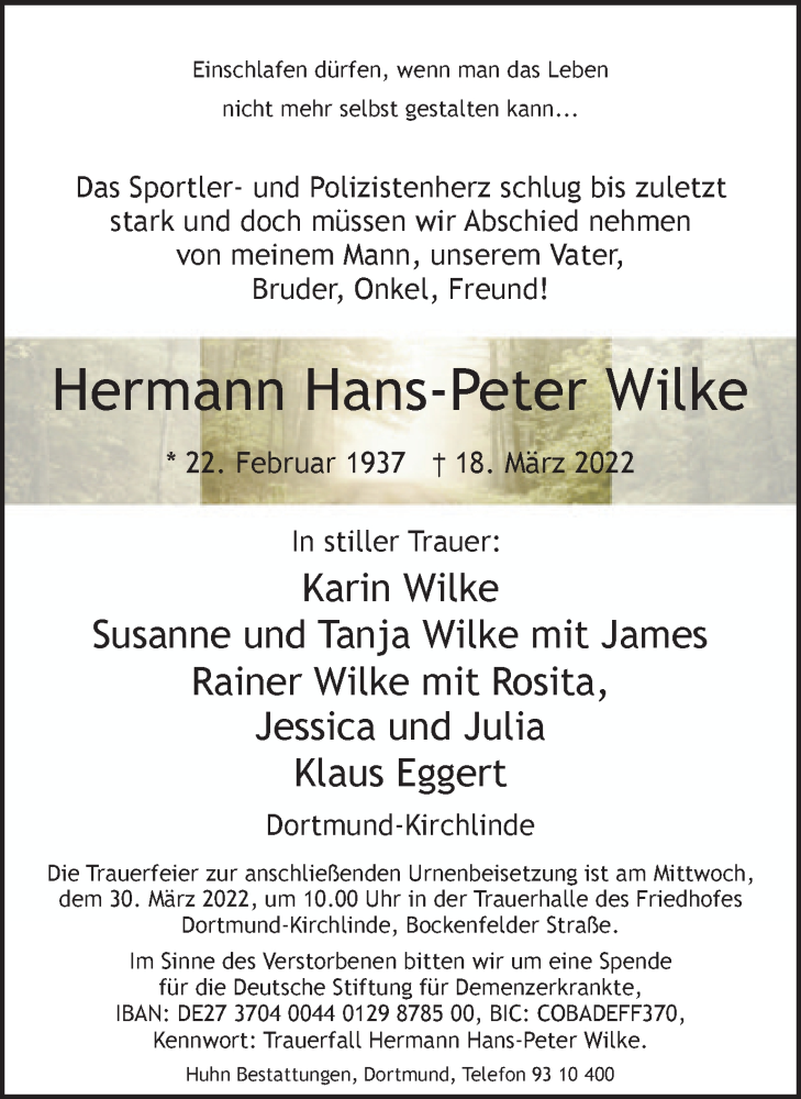  Traueranzeige für Hermann Hans-Peter Wilke vom 26.03.2022 aus 