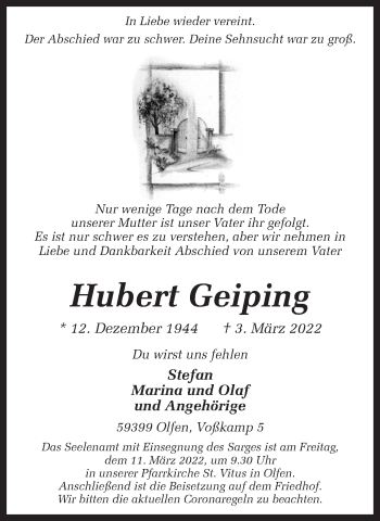 Traueranzeige von Hubert Geiping von Ruhr Nachrichten