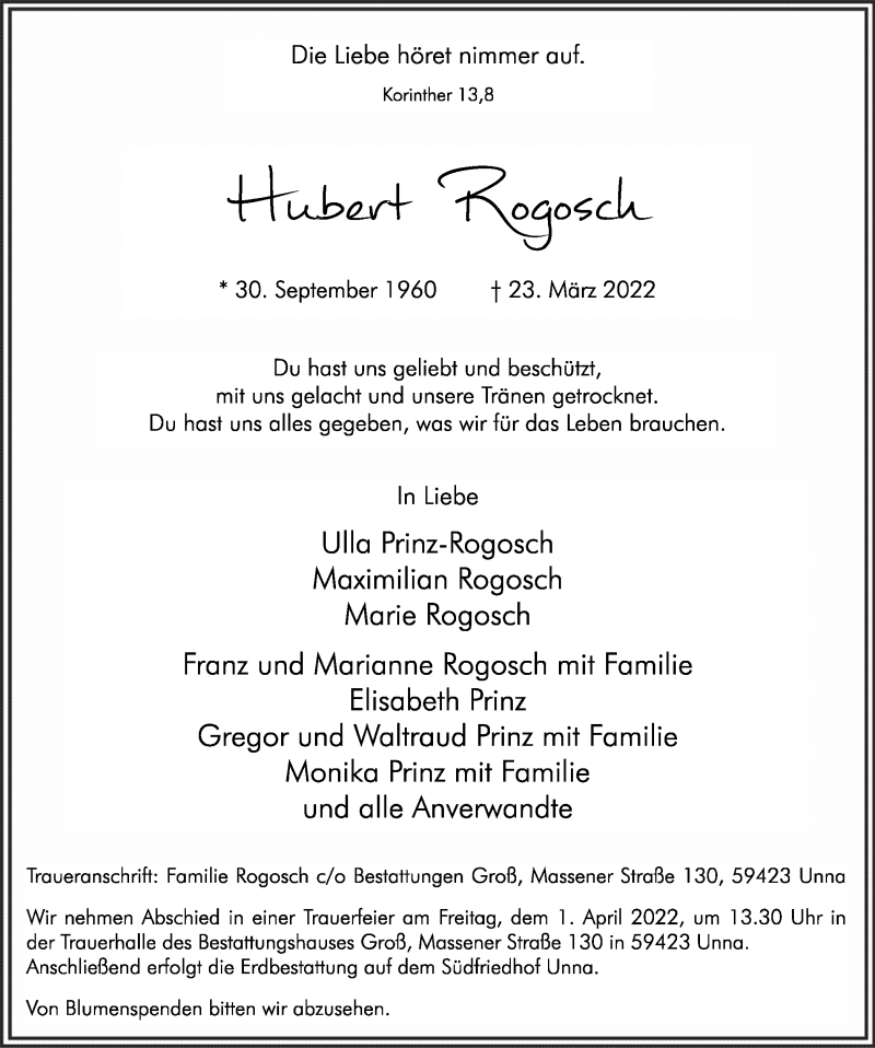  Traueranzeige für Hubert Rogosch vom 29.03.2022 aus Hellweger Anzeiger