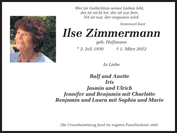 Traueranzeige von Ilse Zimmermann 
