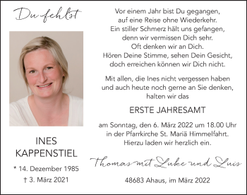 Traueranzeige von Ines Kappenstiel von Münstersche Zeitung und Münsterland Zeitung