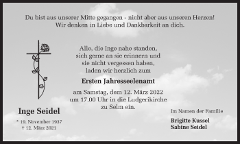 Traueranzeige von Inge Seidel von Ruhr Nachrichten