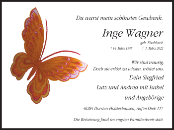 Traueranzeige von Inge Wagner von Ruhr Nachrichten und Dorstener Zeitung
