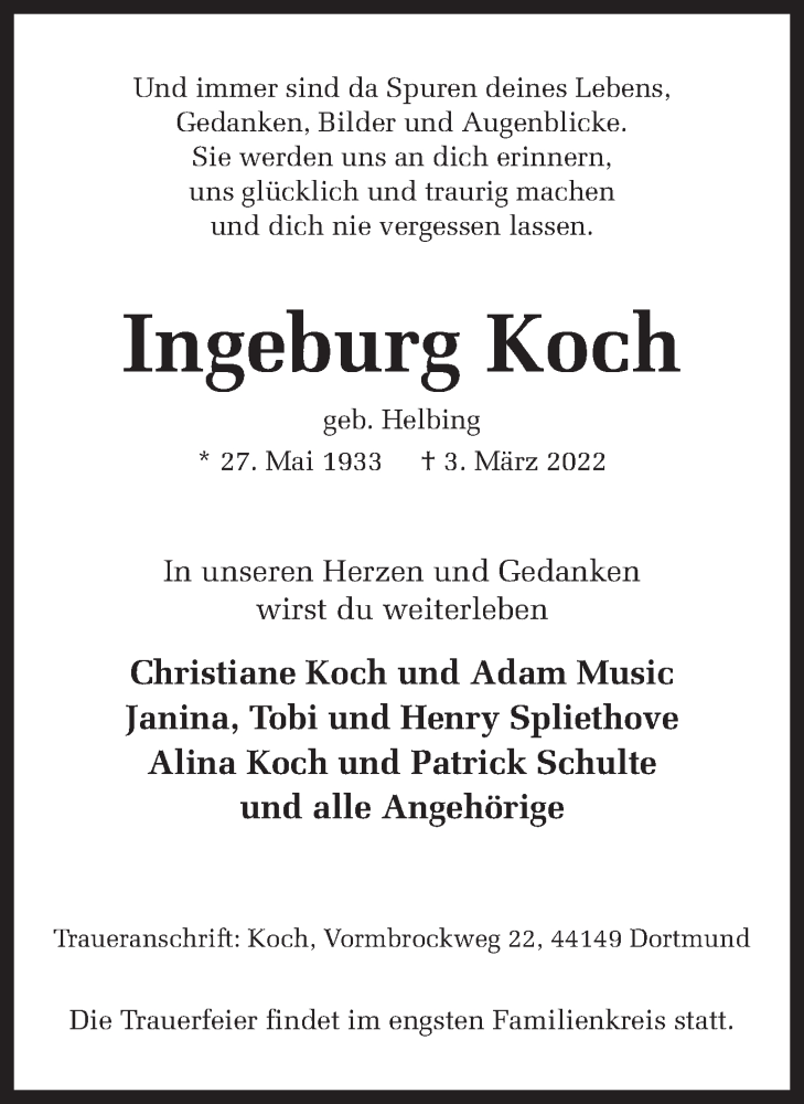  Traueranzeige für Ingeburg Koch vom 19.03.2022 aus 