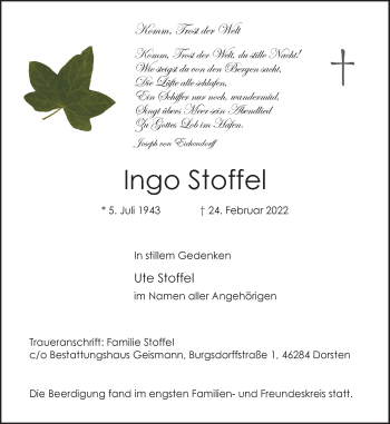 Traueranzeige von Ingo Stoffel von Ruhr Nachrichten und Dorstener Zeitung