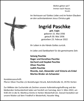 Traueranzeige von Ingrid Paschke von Medienhaus Bauer