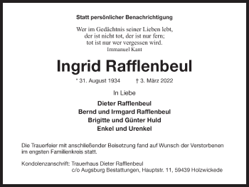 Traueranzeige von Ingrid Rafflenbeul von Hellweger Anzeiger