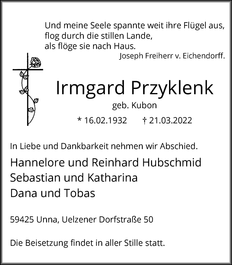  Traueranzeige für Irmgard Przyklenk vom 26.03.2022 aus Hellweger Anzeiger