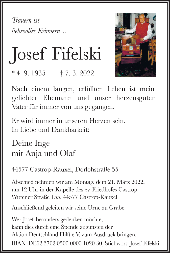  Traueranzeige für Josef Fifelski vom 12.03.2022 aus Ruhr Nachrichten