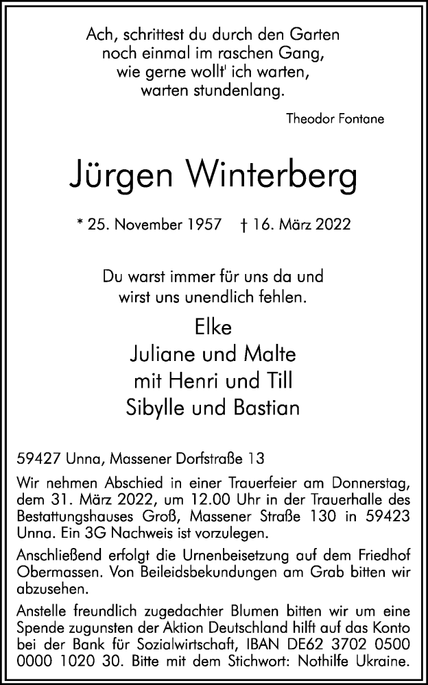  Traueranzeige für Jürgen Winterberg vom 26.03.2022 aus Hellweger Anzeiger