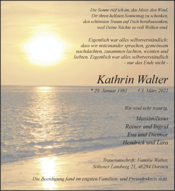 Traueranzeige von Kathrin Walter von Ruhr Nachrichten und Dorstener Zeitung