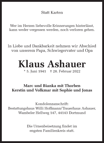 Traueranzeige von Klaus Ashauer 