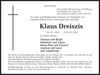 Traueranzeige von Klaus Dreiszis 