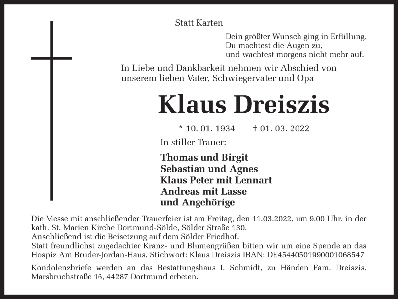  Traueranzeige für Klaus Dreiszis vom 05.03.2022 aus 
