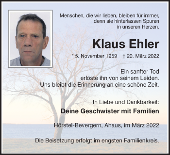 Traueranzeige von Klaus Ehler von Münstersche Zeitung und Münsterland Zeitung