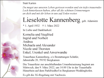 Traueranzeige von Lieselotte Kannenberg von Hellweger Anzeiger