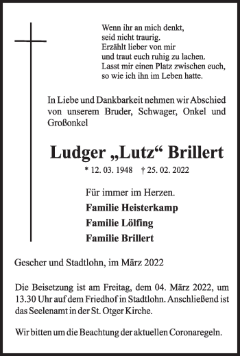 Traueranzeige von Ludger Brillert von Münstersche Zeitung und Münsterland Zeitung