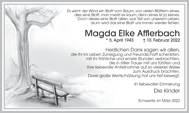  Traueranzeige für Magda Elke Afflerbach vom 26.03.2022 aus Ruhr Nachrichten
