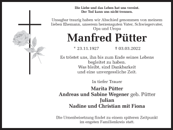 Traueranzeige von Manfred Pütter 