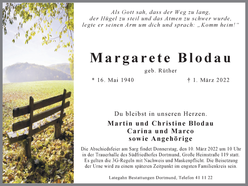  Traueranzeige für Margarete Blodau vom 05.03.2022 aus 