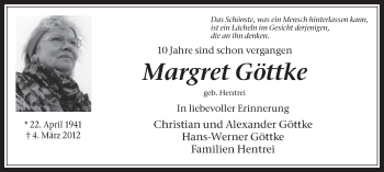Traueranzeige von Margret Göttke von Medienhaus Bauer