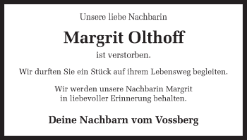 Traueranzeige von Margrit Olthoff von Münstersche Zeitung und Münsterland Zeitung