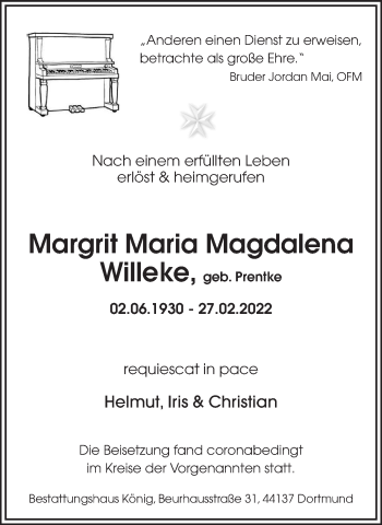 Traueranzeige von Margrit Maria Magdalena Willeke 