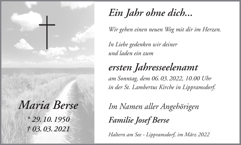  Traueranzeige für Maria Berse vom 05.03.2022 aus Ruhr Nachrichten und Halterner Zeitung